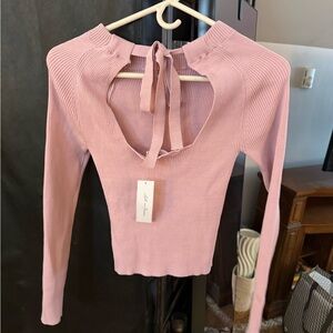 All in Favor Pink Ribbed Tie-Front Blouse
